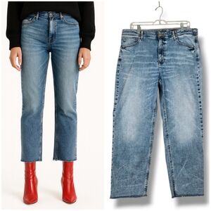 J Jill High Rise Straight Leg Crop Blue Jean Raw Hem Stretch 25" L Size 14